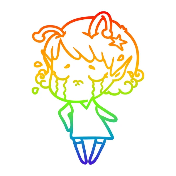 Regenboog gradiënt lijntekening cartoon huilen Alien meisje — Stockvector