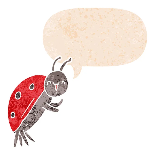 Cute cartoon ladybug and speech bubble in retro textured style — Stock Vector