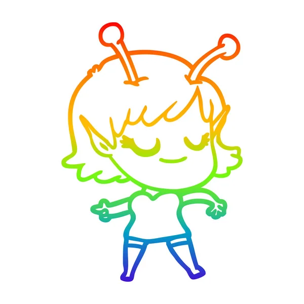 Rainbow gradient linje ritning leende Alien Girl Cartoon — Stock vektor