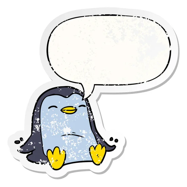 Cartoon pinguïn en toespraak bubble verdrietig sticker — Stockvector