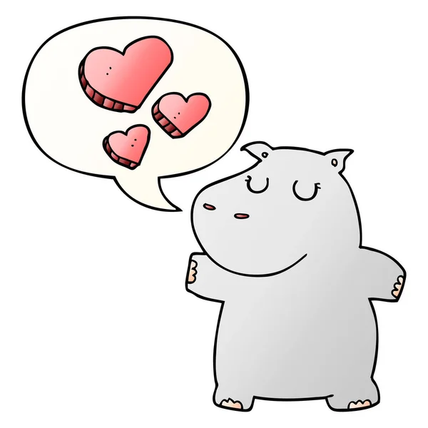 Hippopotame dessin animé dans l'amour et la bulle de la parole dans le style dégradé lisse — Image vectorielle