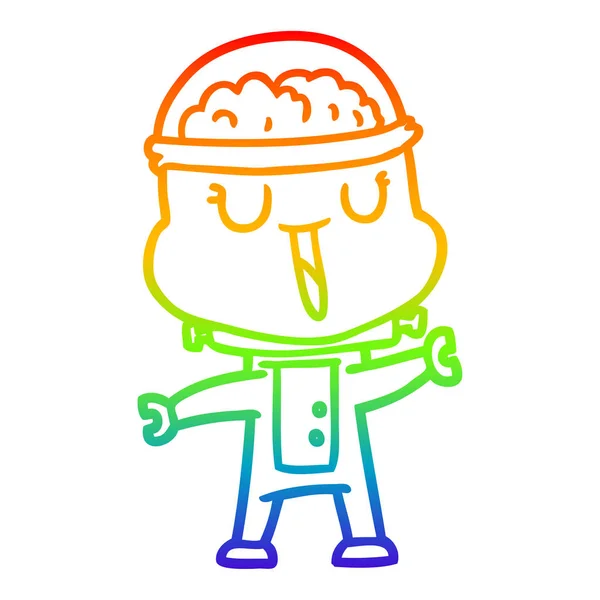 Rainbow gradient line drawing happy cartoon robot waving — Stock Vector