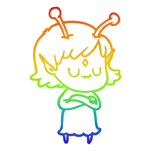 Rainbow gradient linje ritning tecknad Alien Girl — Stock vektor