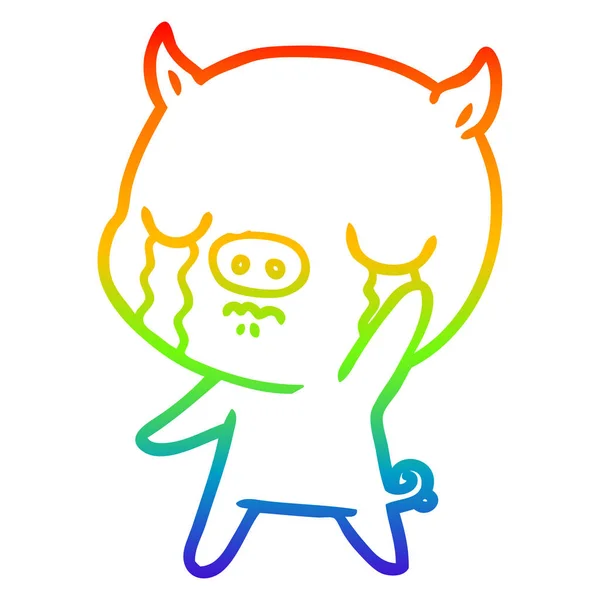 Arco iris gradiente línea dibujo dibujos animados cerdo llorando adiós — Vector de stock
