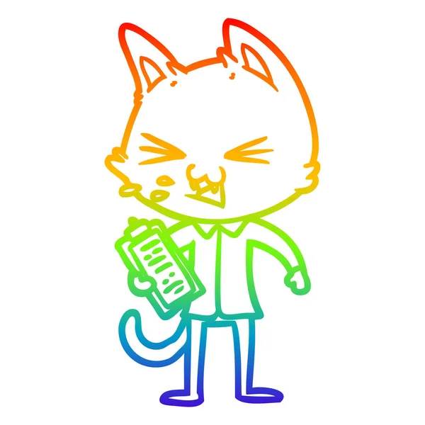 Linea gradiente arcobaleno disegno fumetto venditore gatto sibilante — Vettoriale Stock