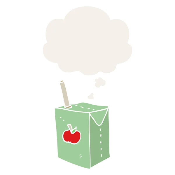 Caja de jugo de manzana de dibujos animados y burbuja de pensamiento en estilo retro — Vector de stock