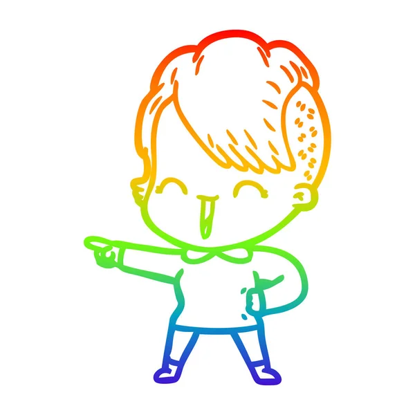Arco-íris linha gradiente desenho desenho animado feliz hipster menina — Vetor de Stock
