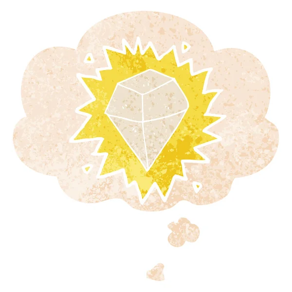 Kreskówka lśniący kryształ i myśl bańka w retro teksturowane sty — Wektor stockowy