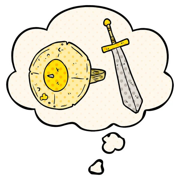 Escudo de dibujos animados y espada y burbuja de pensamiento en estilo de cómic — Archivo Imágenes Vectoriales