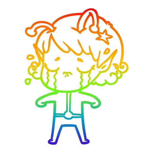 Arco iris gradiente línea dibujo dibujos animados llorando chica alienígena — Vector de stock