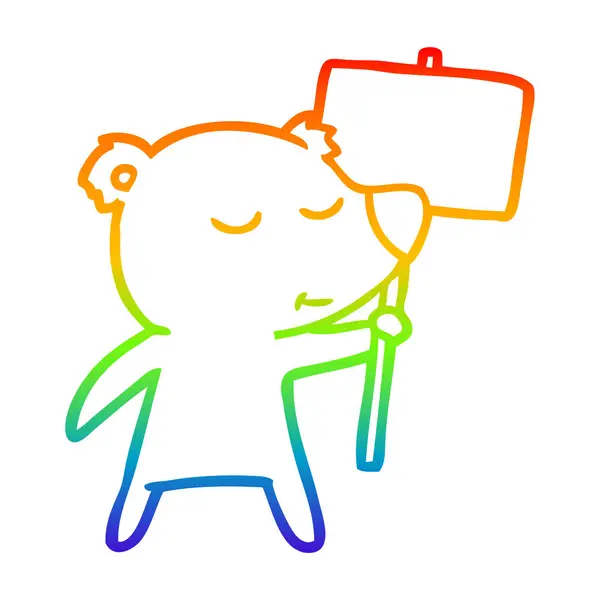 Arco iris gradiente línea dibujo feliz dibujos animados oso polar con signo — Archivo Imágenes Vectoriales