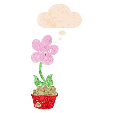 retro dokulu tarzında sevimli karikatür çiçek ve düşünce balonu