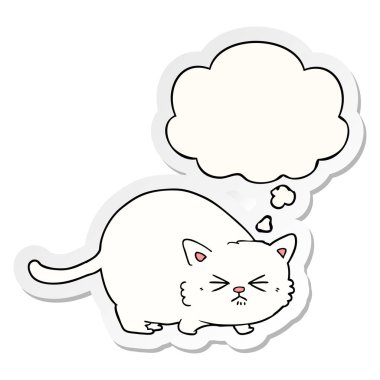 karikatür kızgın kedi ve baskılı bir etiket olarak kabarcık düşünce