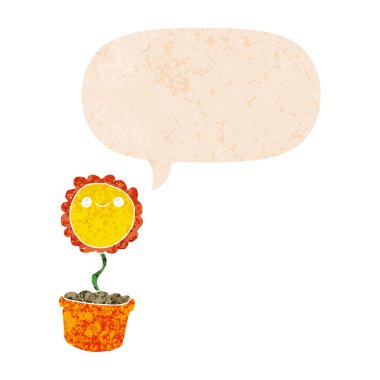 retro dokulu tarzda karikatür çiçek ve konuşma balonu