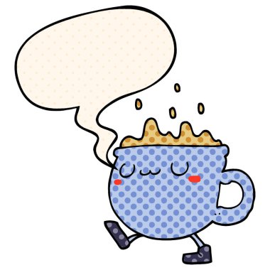 çizgi roman tarzında karikatür kahve fincanı yürüyüş ve konuşma balonu