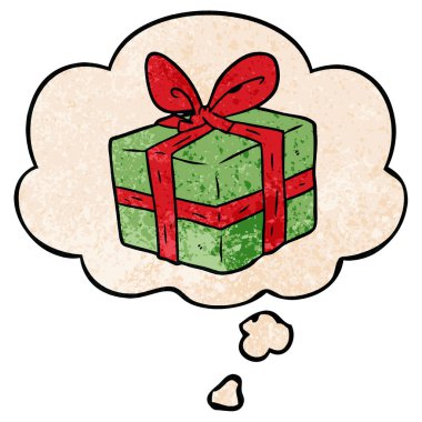 karikatür sarılmış hediye ve grunge doku patter düşünce balonu