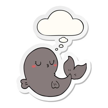 sevimli karikatür balina ve baskılı bir etiket olarak kabarcık düşünce