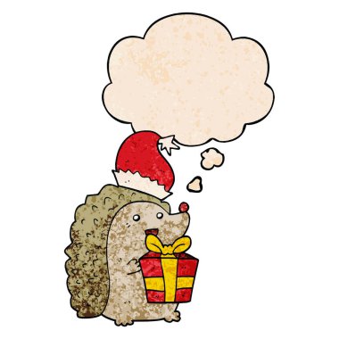 karikatür kirpi noel şapka giyen ve gru kabarcık düşünce