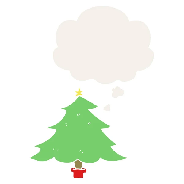 Cartoon-Weihnachtsbaum und Gedankenblase im Retro-Stil — Stockvektor
