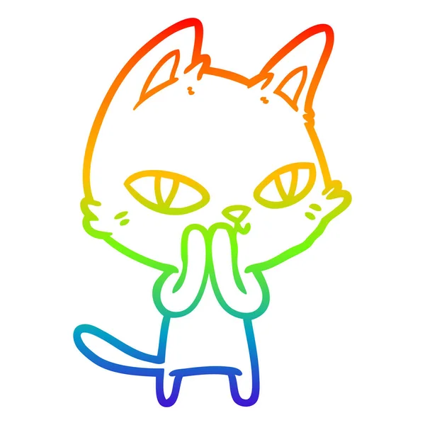 Rainbow gradient line drawing cartoon cat staring — Stock Vector