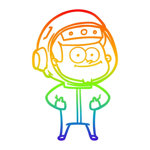 Rainbow gradient line drawing happy astronaut cartoon — Stock Vector