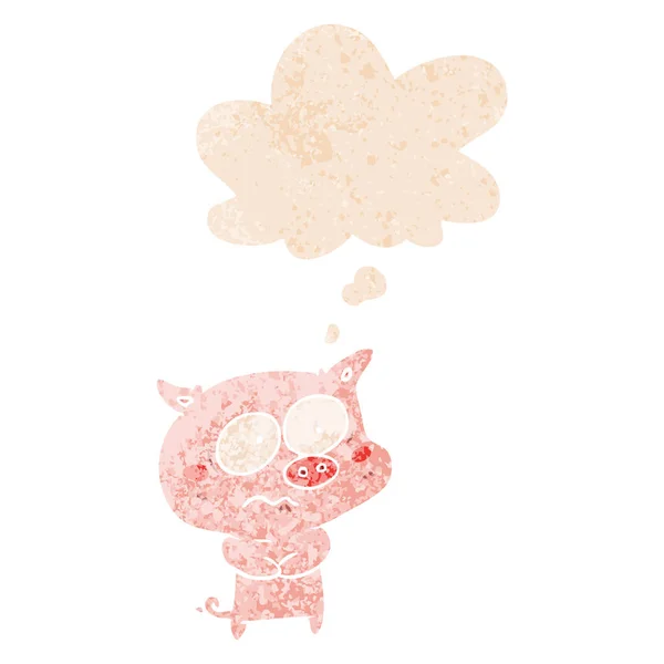 Мультяшная нервная свинья и мыльный пузырь в ретро текстурированном стиле — стоковый вектор