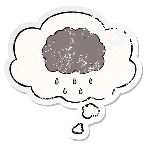 Cartoon cloud raining and thought bubble as a distressed worn st — Stock Vector