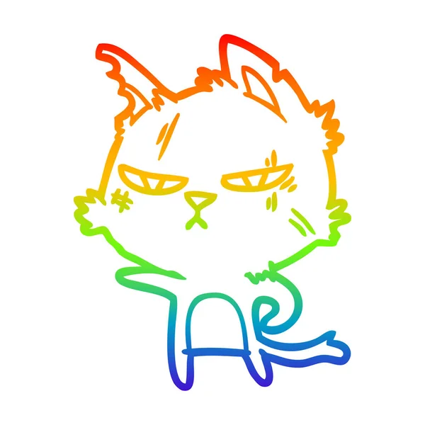 Rainbow gradient linje ritning tuff tecknad katt pekar — Stock vektor