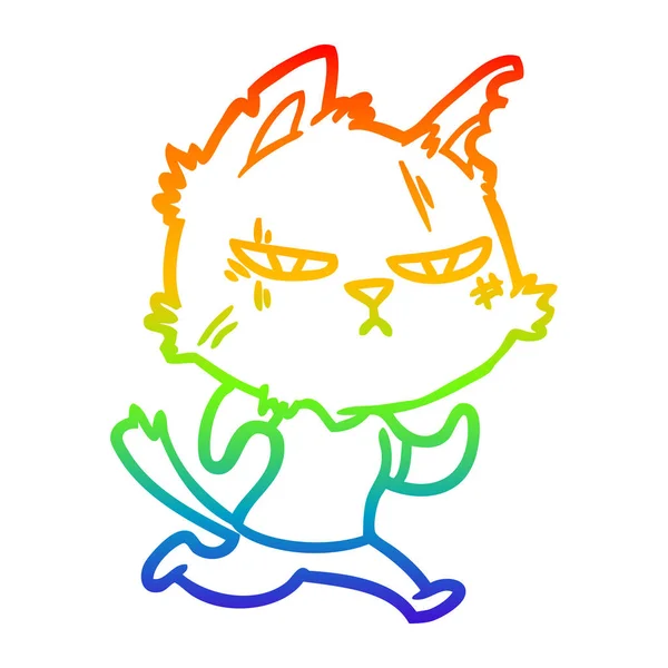 Rainbow gradient linje ritning tuff tecknad katt kör — Stock vektor