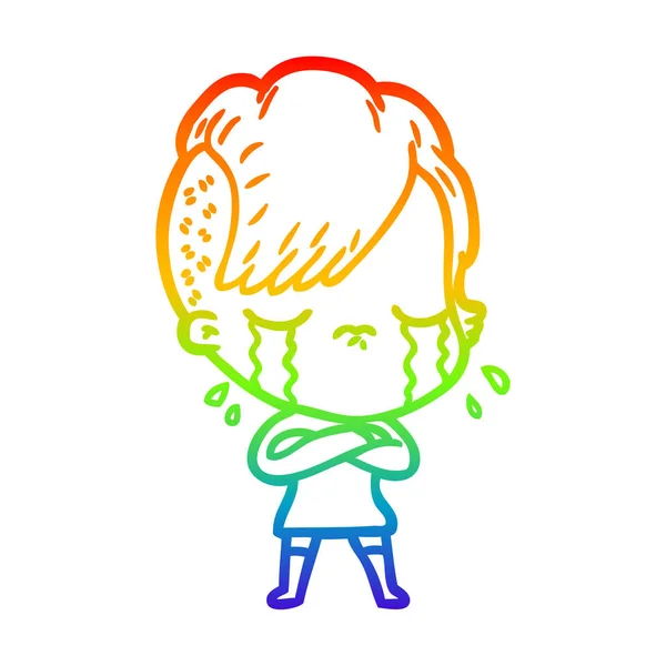 Rainbow gradient line drawing cartoon crying girl — Stock Vector