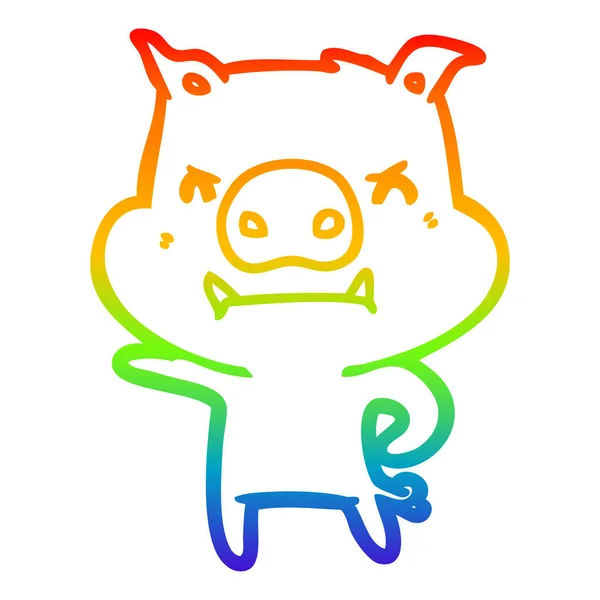 Rainbow gradient ligne dessin en colère dessin animé cochon — Image vectorielle