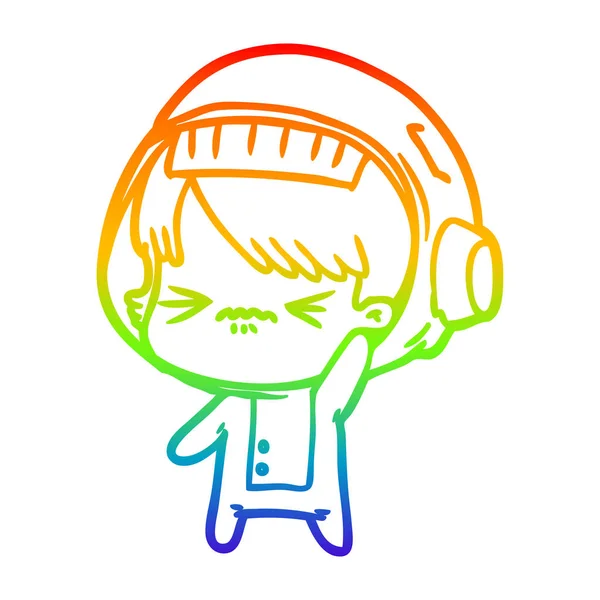 Rainbow gradient line drawing angry cartoon space girl waving — Stock Vector