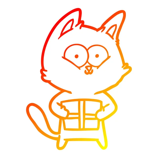 Sıcak degrade çizgi çizim karikatür kedi noel hediyesi tutan — Stok Vektör