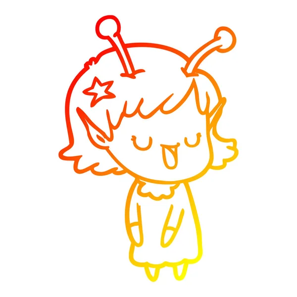 Línea de gradiente caliente dibujo feliz chica alienígena de dibujos animados — Vector de stock