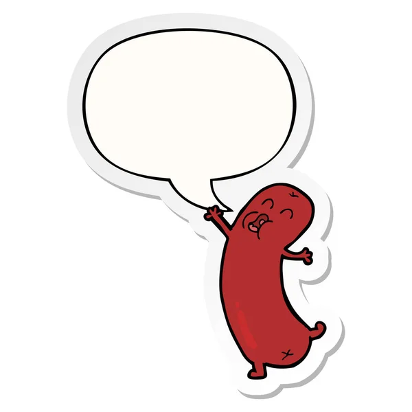 Cartoon dancing sausage and speech bubble sticker — Stock Vector