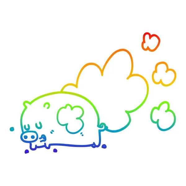 Rainbow gradient linje ritning tecknad illaluktande gris — Stock vektor