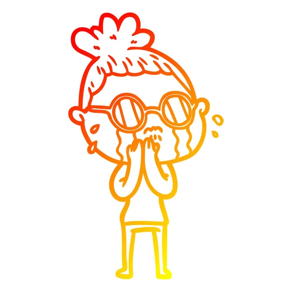 Linha gradiente quente desenho caricatura chorando mulher vestindo óculos — Vetor de Stock