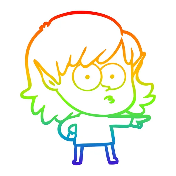 Rainbow gradient line drawing cartoon elf girl pointing — Stock Vector