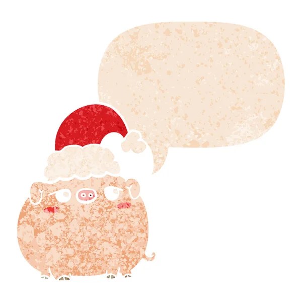 Cartoon-Schwein mit Weihnachtsmütze und Sprechblase in Retro-Tex — Stockvektor