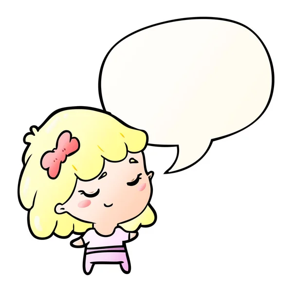 Mignon dessin animé heureux fille et parole bulle dans lisse dégradé sty — Image vectorielle