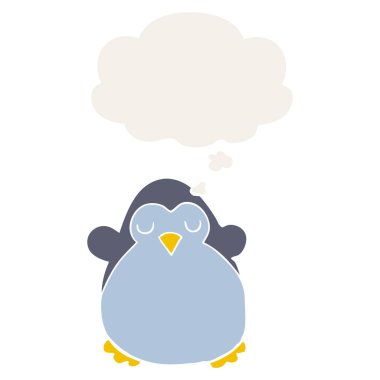 karikatür penguen ve retro tarzı düşünce kabarcık