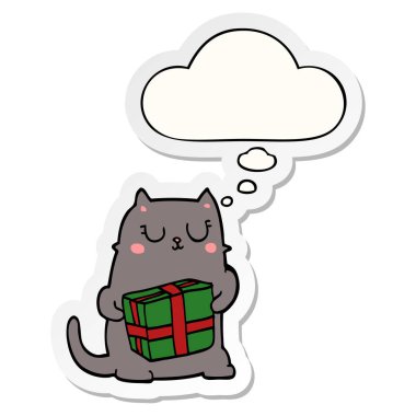 karikatür noel kedi ve baskılı bir etiket olarak kabarcık düşünce