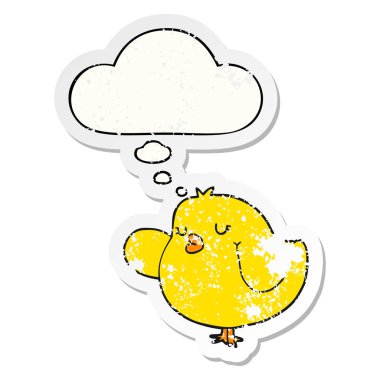 sıkıntılı bir yıpranmış etiket olarak karikatür kuş ve düşünce balonu