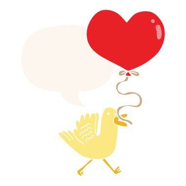 retro tarzında karikatür kuş ve kalp balonu ve konuşma balonu