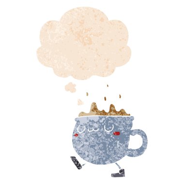 karikatür kahve fincanı yürüyüş ve retro dokulu düşünce balonu 