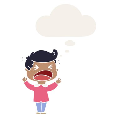 karikatür adam bağıran ve retro tarzında kabarcık düşünce