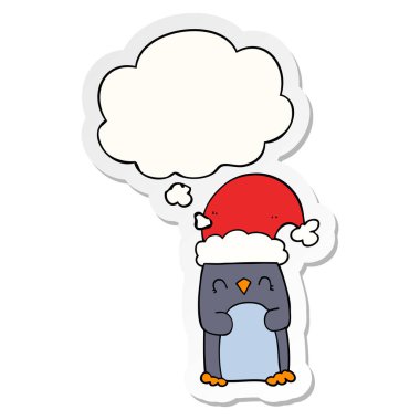 karikatür penguen ve baskılı bir etiket olarak kabarcık düşünce