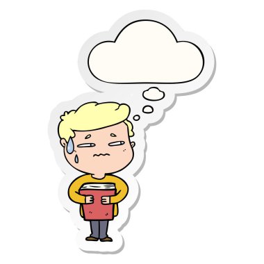 çizgi film endişeli çocuk taşıyan kitap ve bir printe olarak kabarcık düşünce