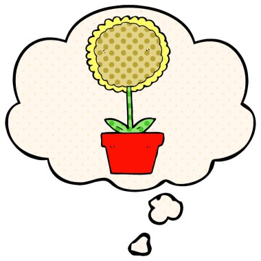 sevimli karikatür çiçek ve çizgi roman tarzında kabarcık düşünce