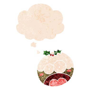 karikatür retro tex chrstmas puding ve düşünce balonu şok